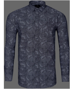 Grey Leaf Printed Textured Giza Cotton Shirt