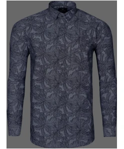 Grey Leaf Printed Textured Giza Cotton Shirt