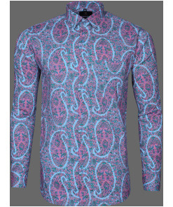 Blue Pink Floral Printed Cotton Shirt