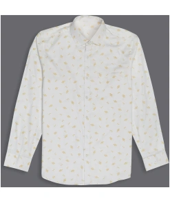 Bright White With Yellow Leaves Printed  Cotton Shirt