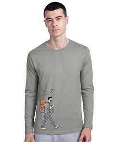 Printed Cotton Round Neck, Full Sleeves T-Shirt For Men's (Grey)