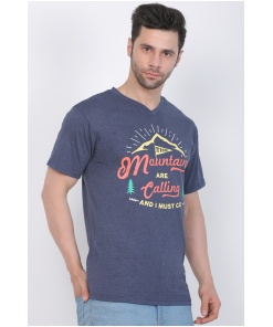 Men's Cotton Jersey V Neck Printed Tshirt (Blue Melange)
