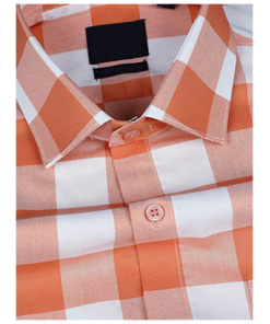 Bright White And Orange Checkered Dobby Textured Premium Giza Cotton Shirt