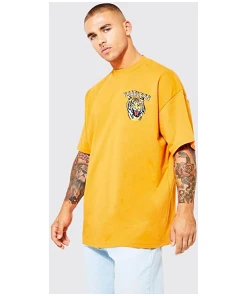 Oversized Cottonblend Half Sleeve Printed Mens T-Shirts (Mustard Color)