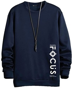 Mens Printed Round Neck Full Sleeve Navy and White Cotton Slim Fit T-Shirt