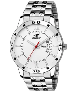Day & Date Display Analog White Dial Stainless Steel Men's Watch