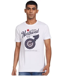 Printed Crew Neck Slim Fit T-Shirt For Men's (White, Green)