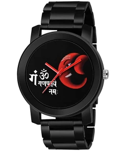 Analogue Black Dial Lord Ganpati Metal Strap Watch For Men