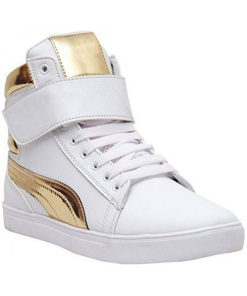 Men's White,Gold Color Synthetic Material Casual Sneakers