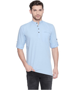 Men's Cotton Casual Short Cross Kurta Shirt (Material: Cotton, Color:Light Blue)