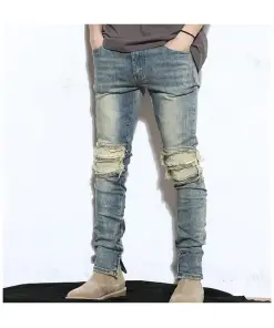 Washed ripped knee moto jeans for Man
