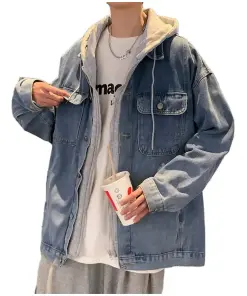 Casual Loose Fit Hooded Denim Jacket for Men