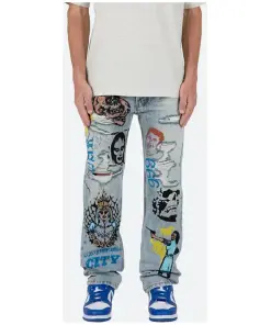 Print purple stacked flare denim jeans for Men