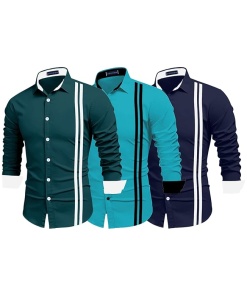 Zombom Combo of Men's Cotton Polyester Blend Regular Fit Striped Full Sleeve Casual Shirt Pack of 3