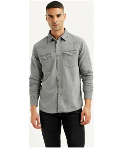 Solid Charcoal Grey Slim Denim Shirt for Men