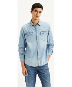 Light Blue Solid Slim Fit Casual Denim Shirt