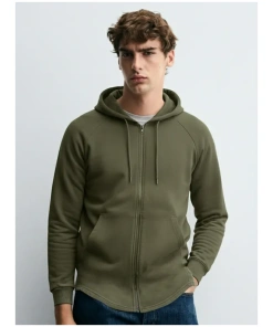 Men’s Lightweight Olive Hooded Front-Open Sweatshirt