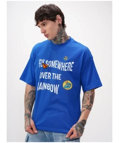 Blue Printed Round Neck Oversized Fit T-Shirt