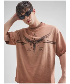 Brown Captain America Printed Round Neck Oversized Fit T-Shirt