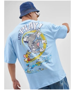 Men Blue Tom And Jerry Printed Round Neck Oversized Fit T-Shirt